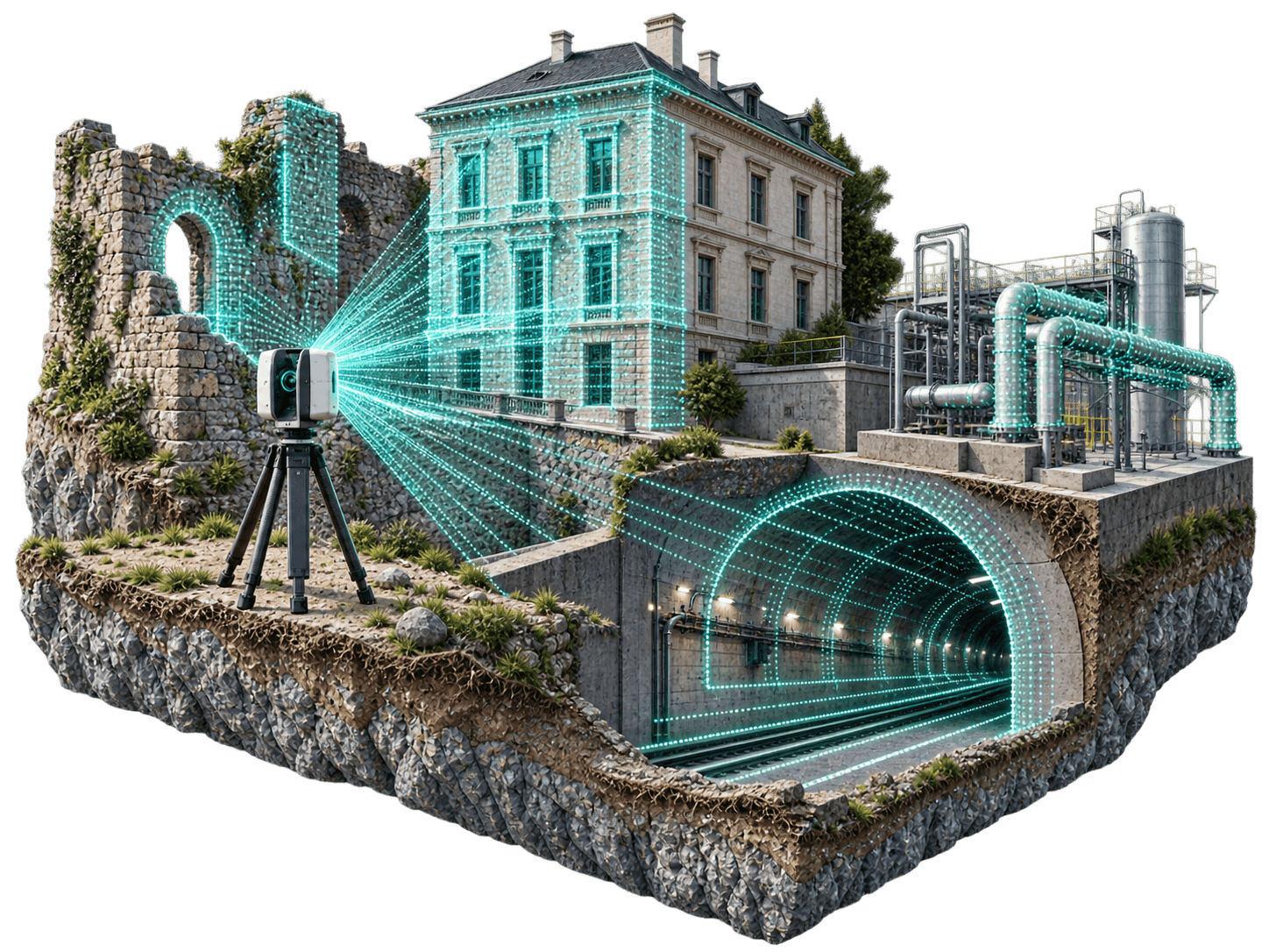 Tripod üzerinde yersel lazer tarayıcı ve taranan yapı